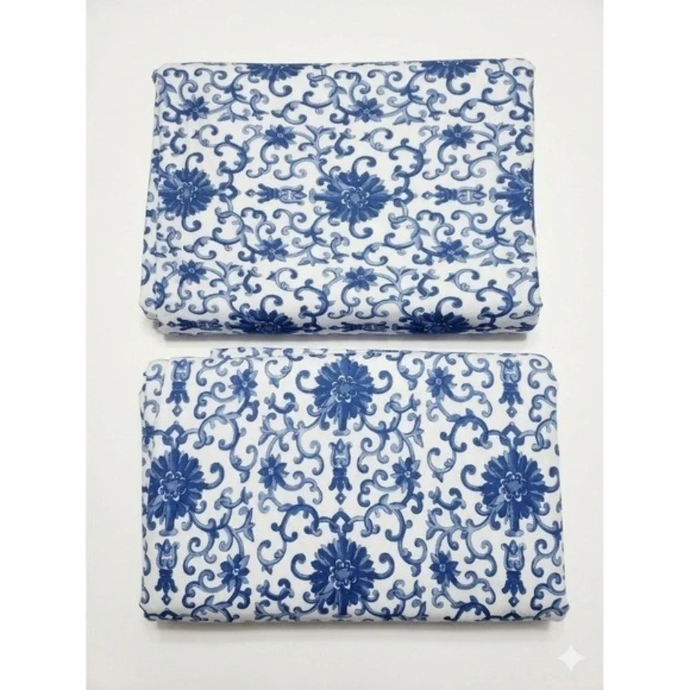 Vintage Lauren Ralph‎ Lauren King Flat Sheet Set 2pc Blue White Jacobean Floral